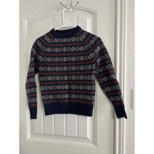 J Crew 100% Lambswool Fair Isle Nordic Sweater Navy Blue Womens Size S